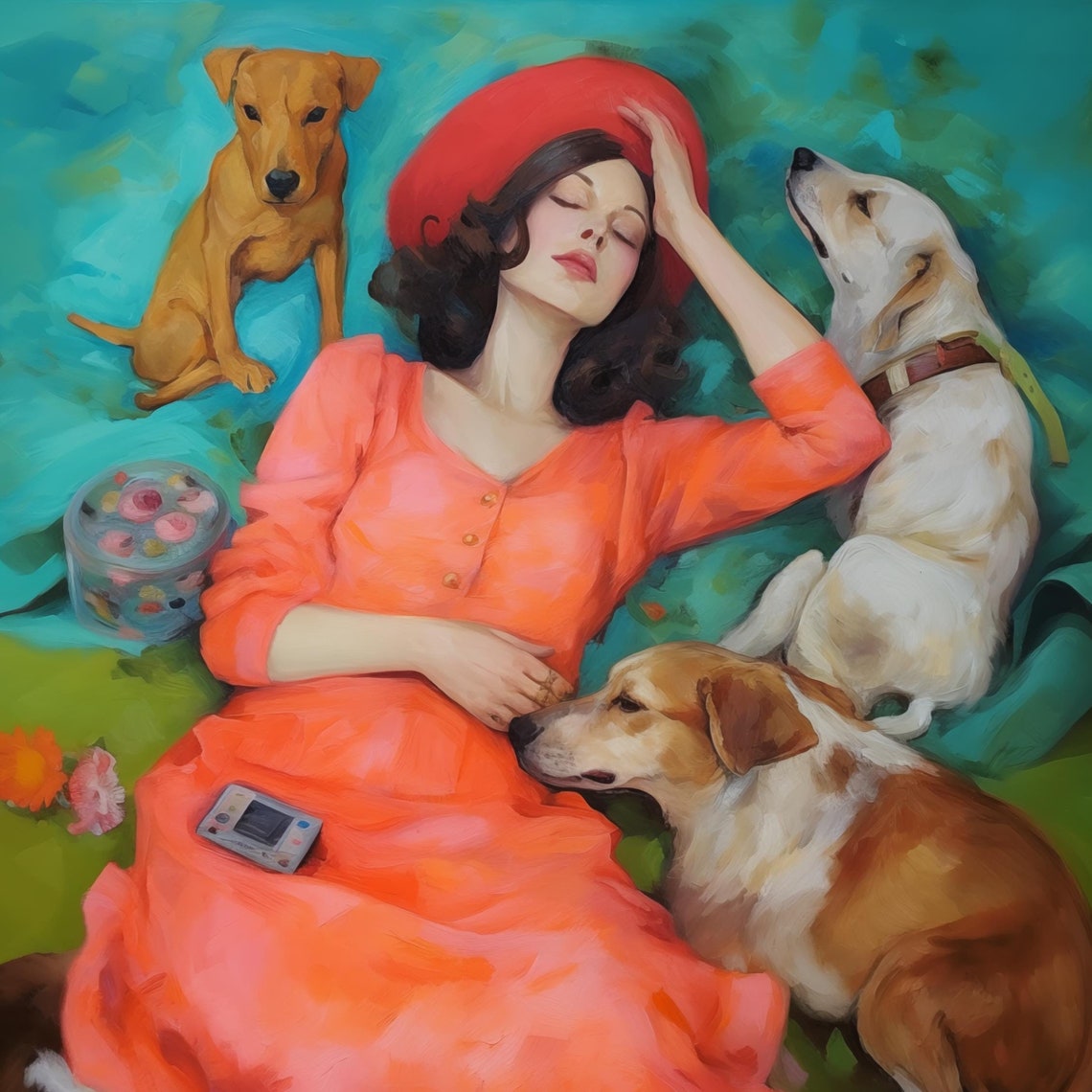 Lady in Coral Dress Napping Outside with Three Loyal Dogs Poster