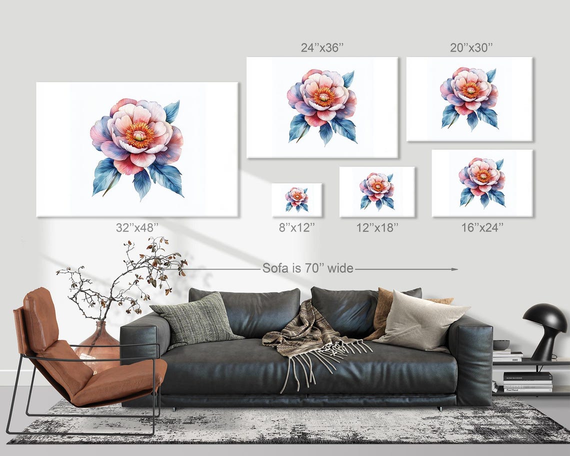 Delicate Pink Blue Watercolor Peony Botanical Flower Wall Art - Image 3