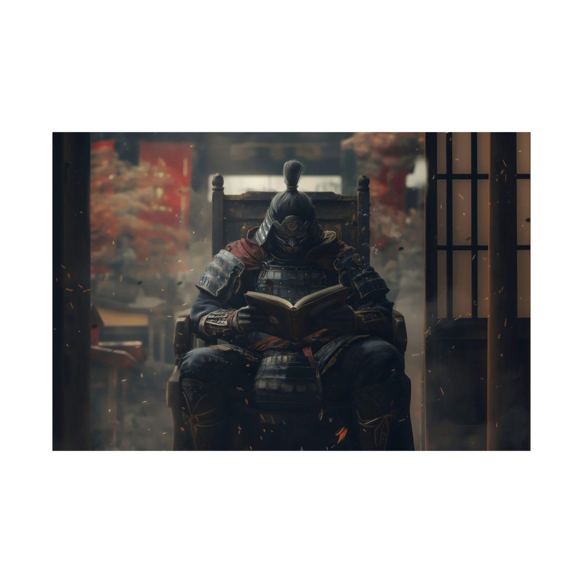 Masked Samurai Reading Amid Embers Traditional Japanese Wall Art - Image 2