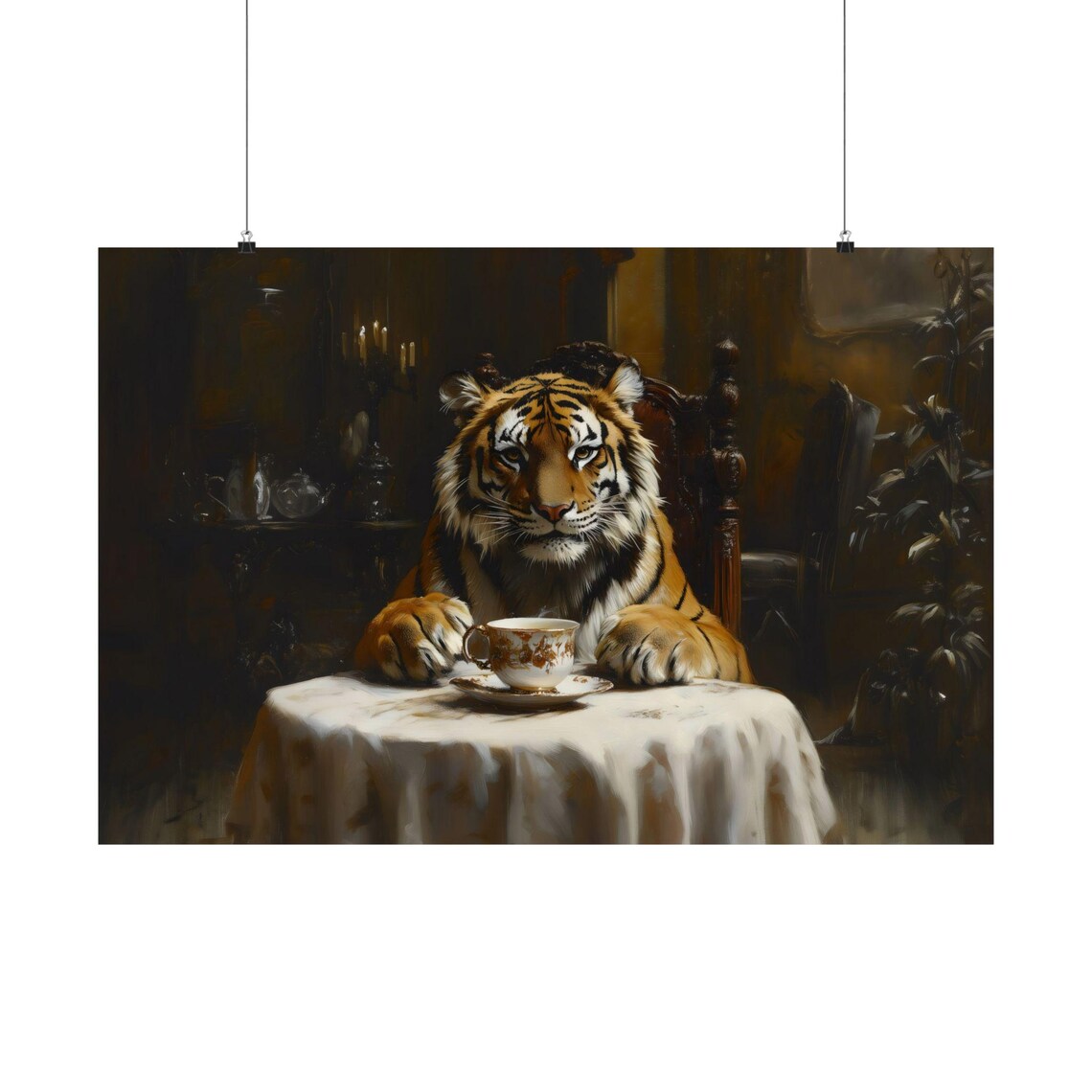 Tiger Drinking Tea Dark Victorian Table Oil Painting Animal Art Poster