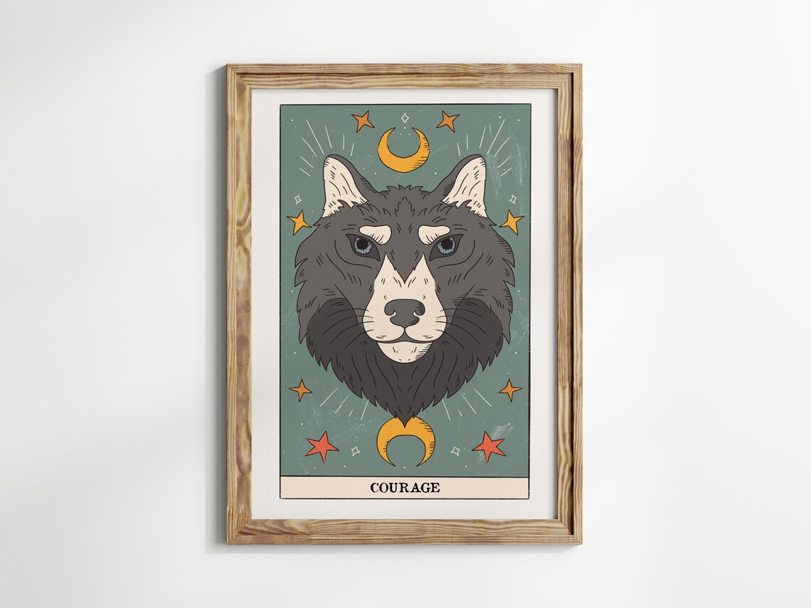 Courage Tarot Card Wolf Head Moon Stars Celestial Spirit Wall Art - Image 2