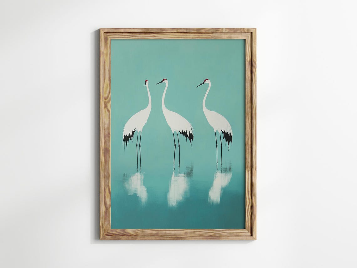 Three White Cranes Standing In Turquoise Water Japandi Poster - Image 3