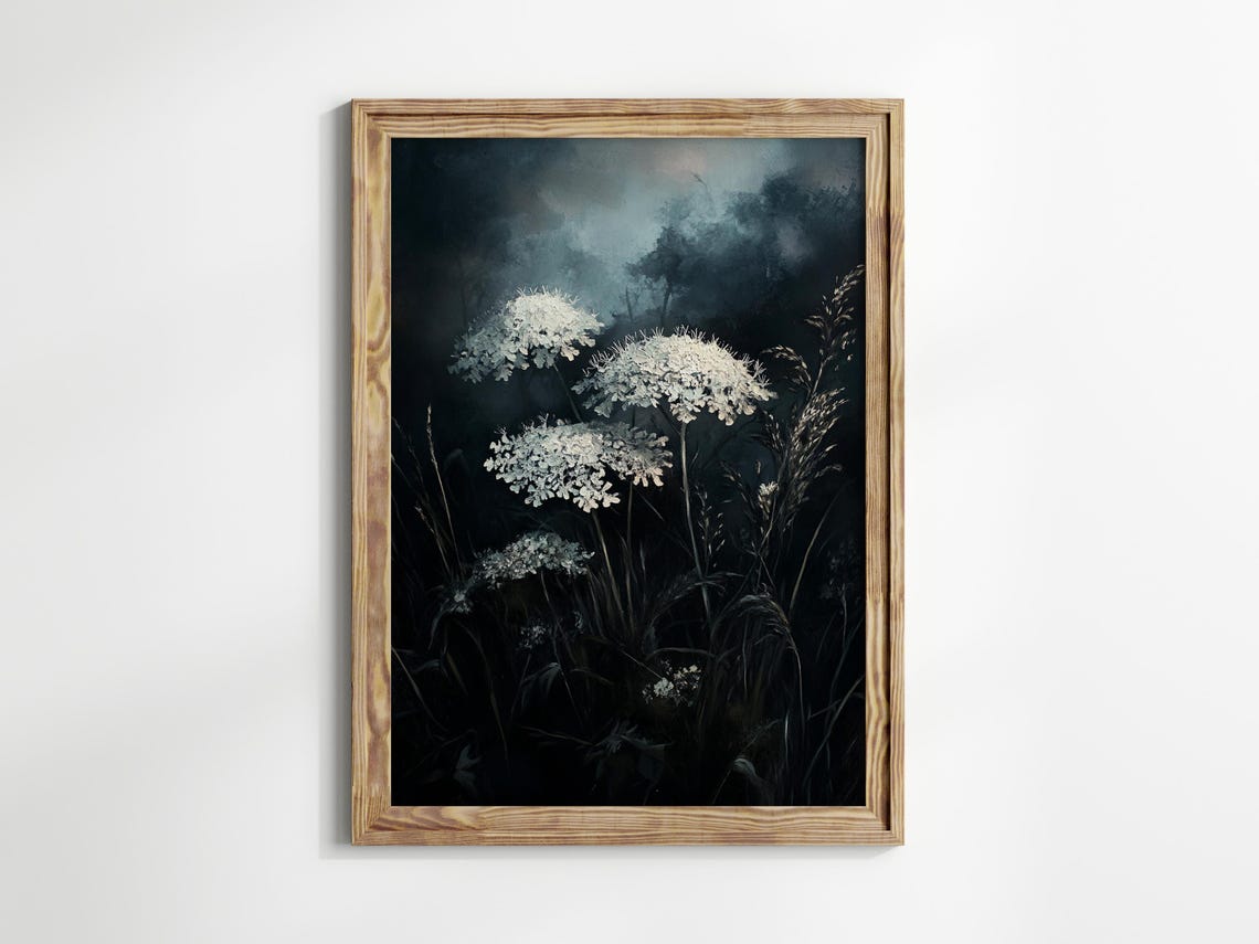 White Queen Annes Lace Misty Dark Meadow Botanical Art Print - Image 2