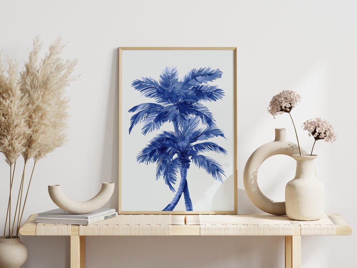 Serene Blue Watercolor Palm Tree Tropical Minimalist Beach Poster - Image 3