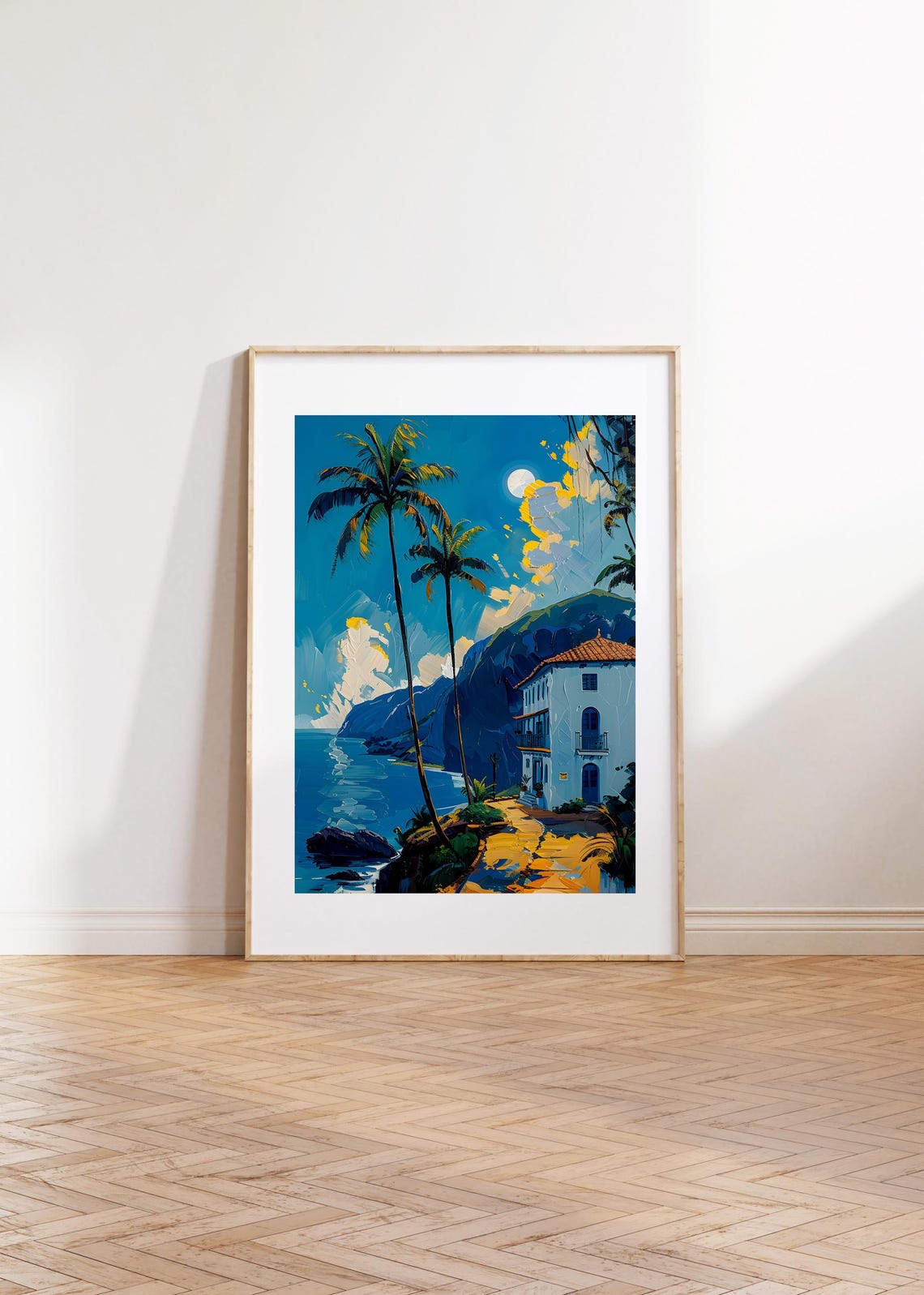 Tropical Coastal Moonlit Sunset White Villa Palm Trees Poster - Image 2
