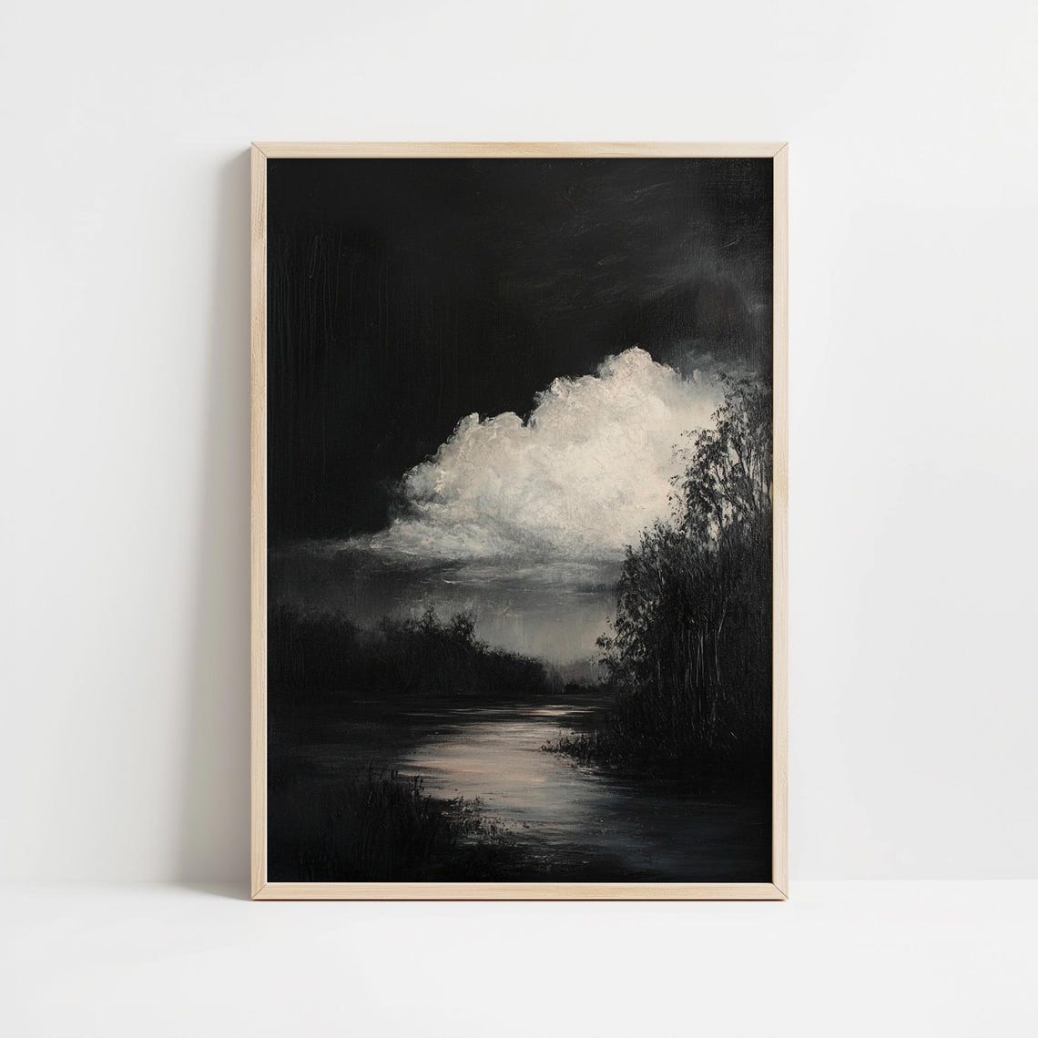 Stormy Night Moonlit River Dark Moody Landscape Painting Poster