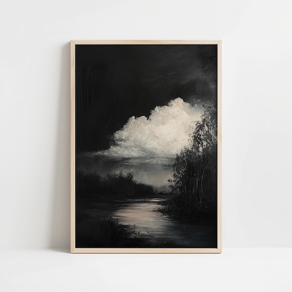 Stormy Night Moonlit River Dark Moody Landscape Painting Poster