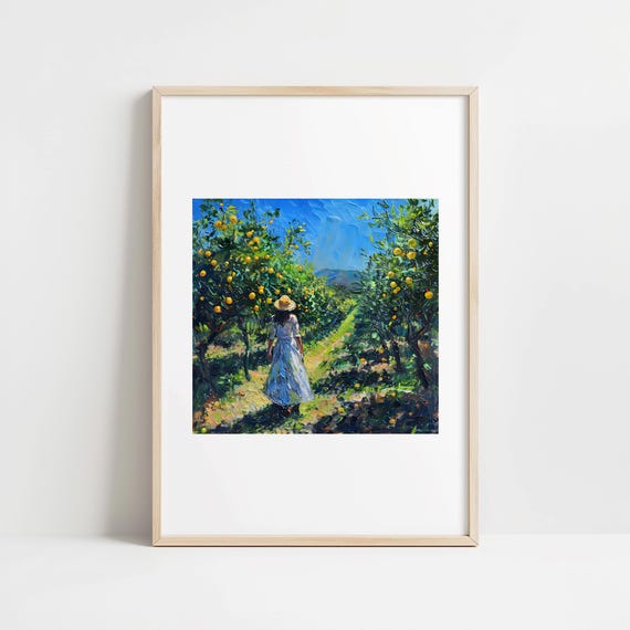 Lemon Orchard Walk Oil Painting Wall Art Girl Strolling Through Lemon Trees Wall Decor Kitchen Dining Room Living Room Wall Poster Print