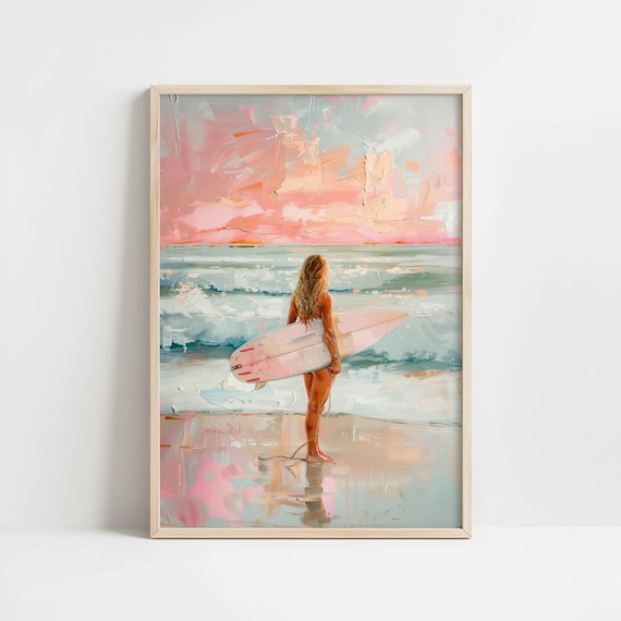 Surfer Girl Sunset Beach Pink Surfboard Coastal Painting Poster
