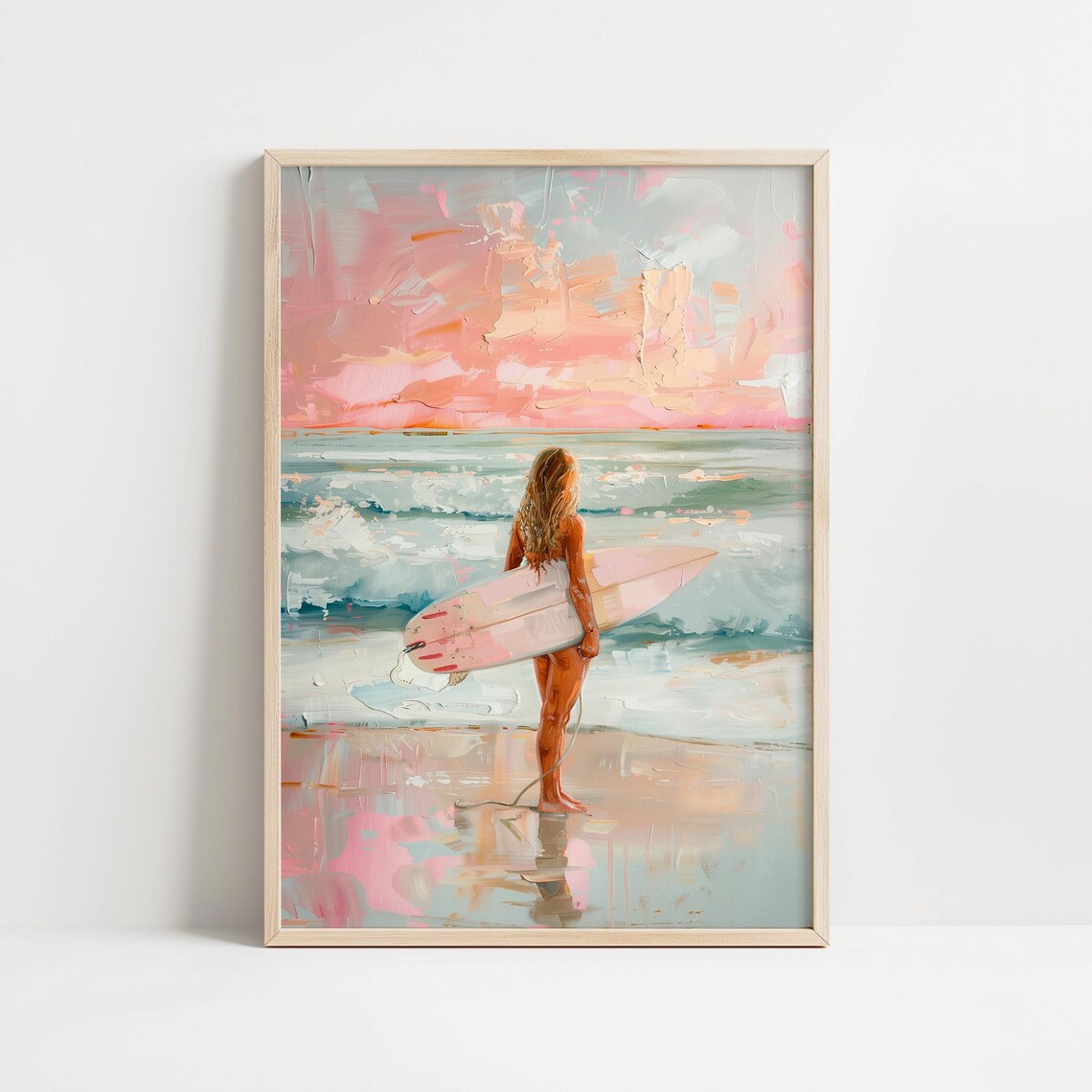 Surfer Girl Sunset Beach Pink Surfboard Coastal Painting Poster