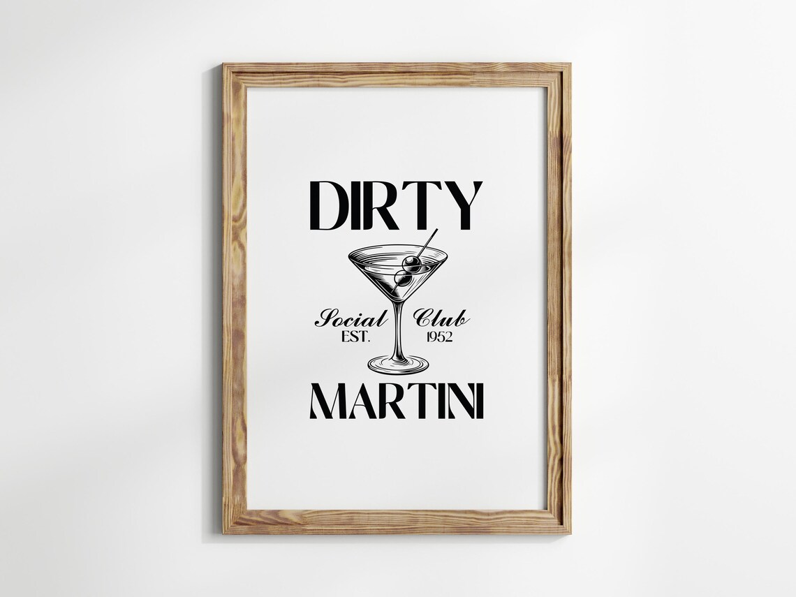 Dirty Martini Social Club Est 1952 Black Typography White Bar Cart Poster - Image 2