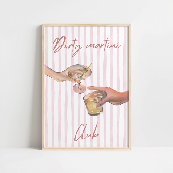 Dirty Martini Club Cocktail Toasting Hands Pink Stripes Bar Poster
