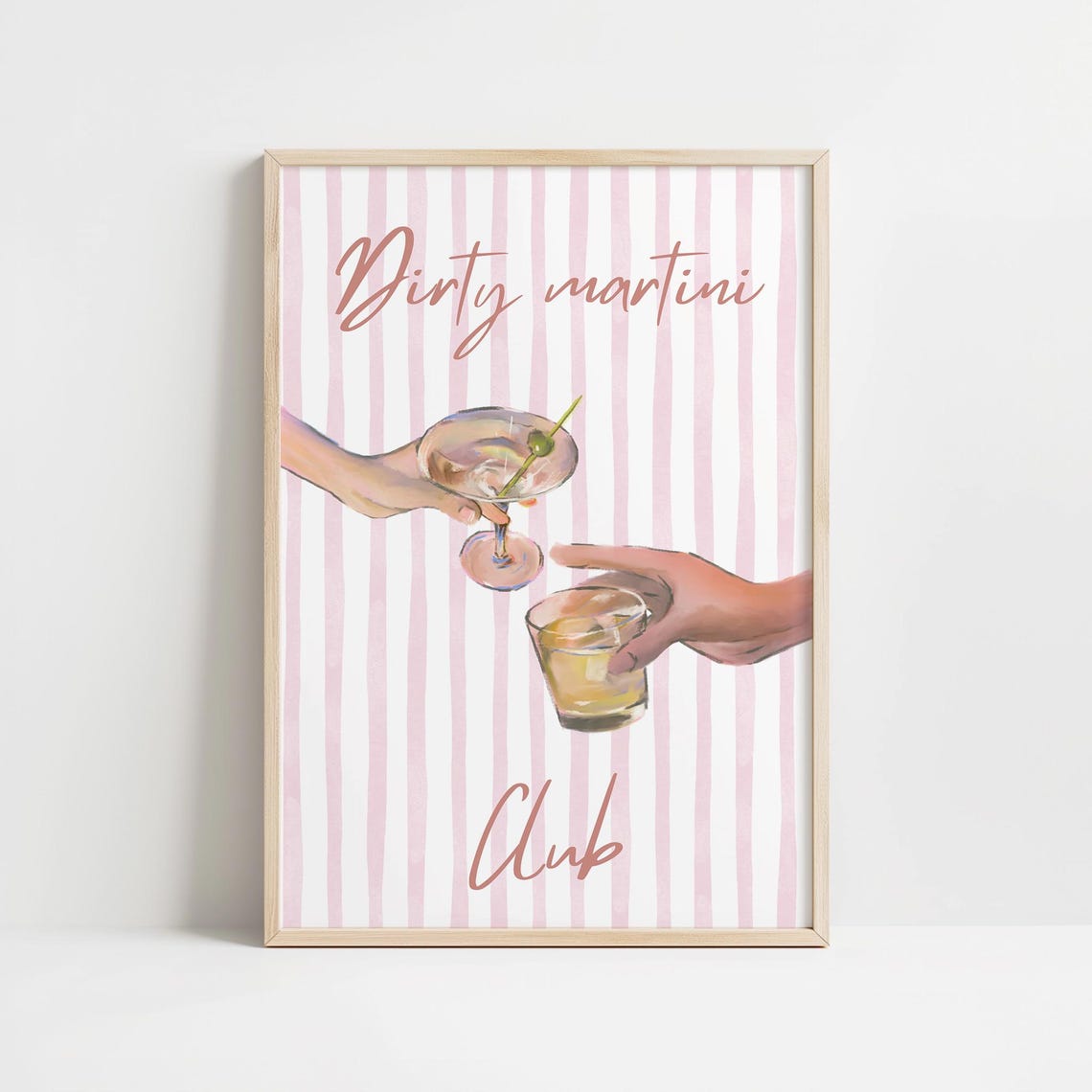 Dirty Martini Club Cocktail Toasting Hands Pink Stripes Bar Poster