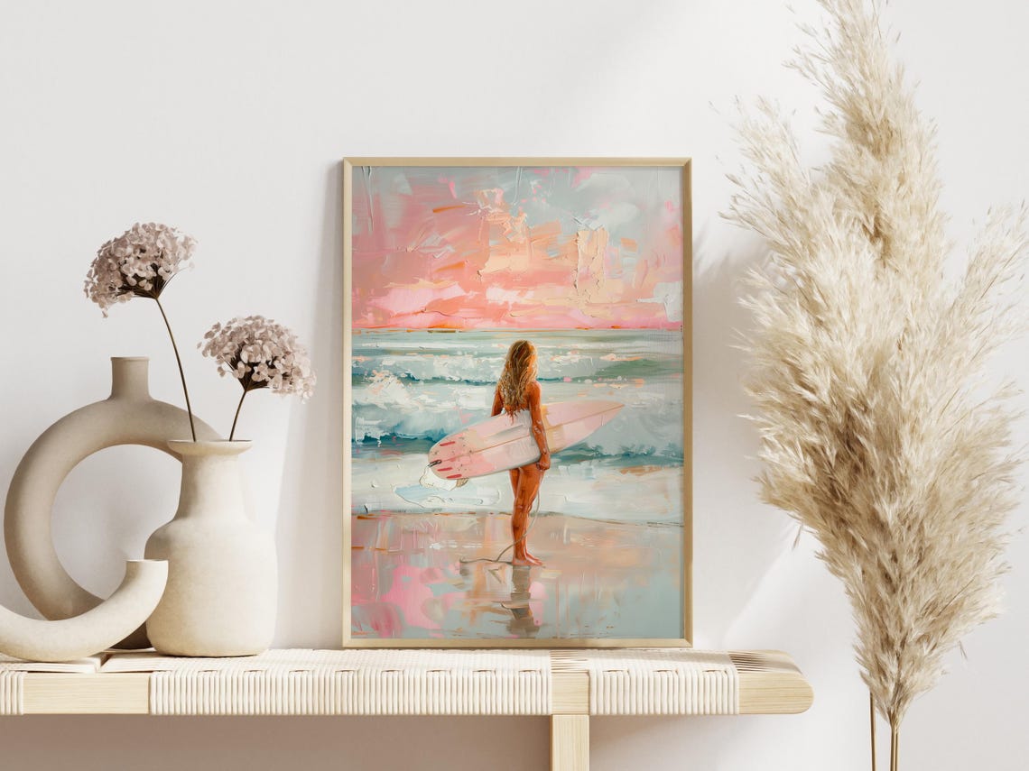 Surfer Girl Sunset Beach Pink Surfboard Coastal Painting Poster - Image 3