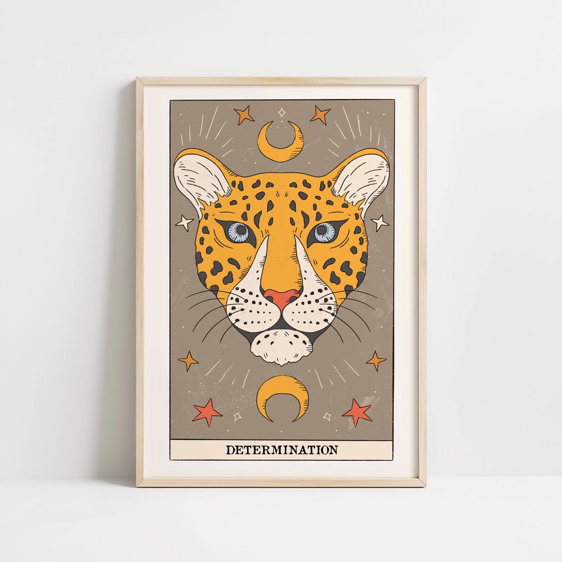 Determination Tarot Card Cheetah Head Moon Stars Wild Spirit Wall Art