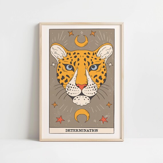 Determination Tarot Card Cheetah Head Moon Stars Wild Spirit Wall Art