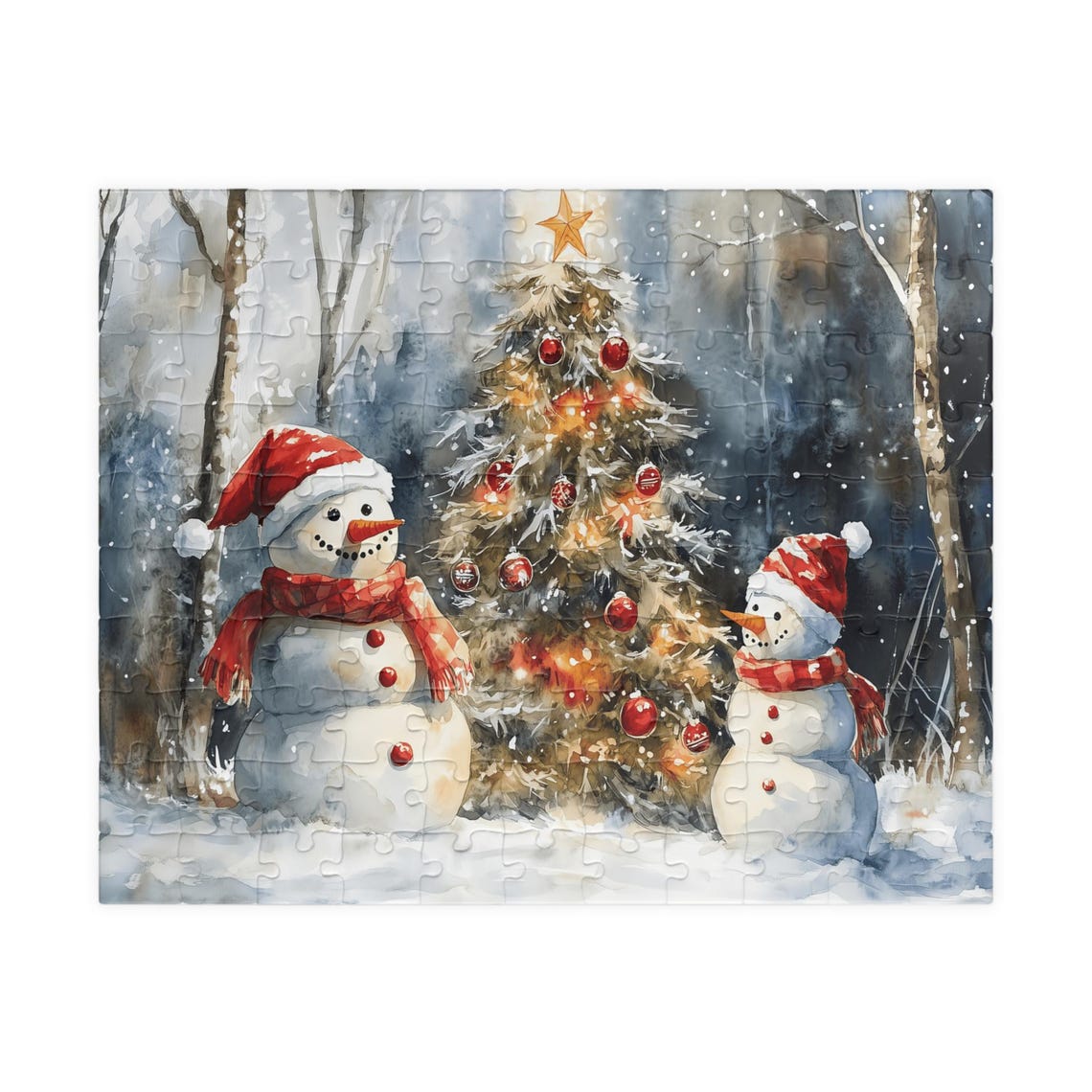 Two Snowmen In Santa Hats Beside A Lit Christmas Tree Winter Poster - Image 5