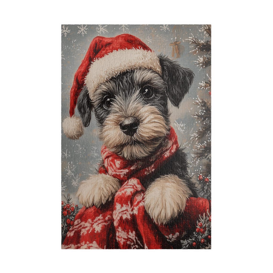 Schnauzer Puppy in Santa Hat and Red Scarf Christmas Dog Poster - Image 3