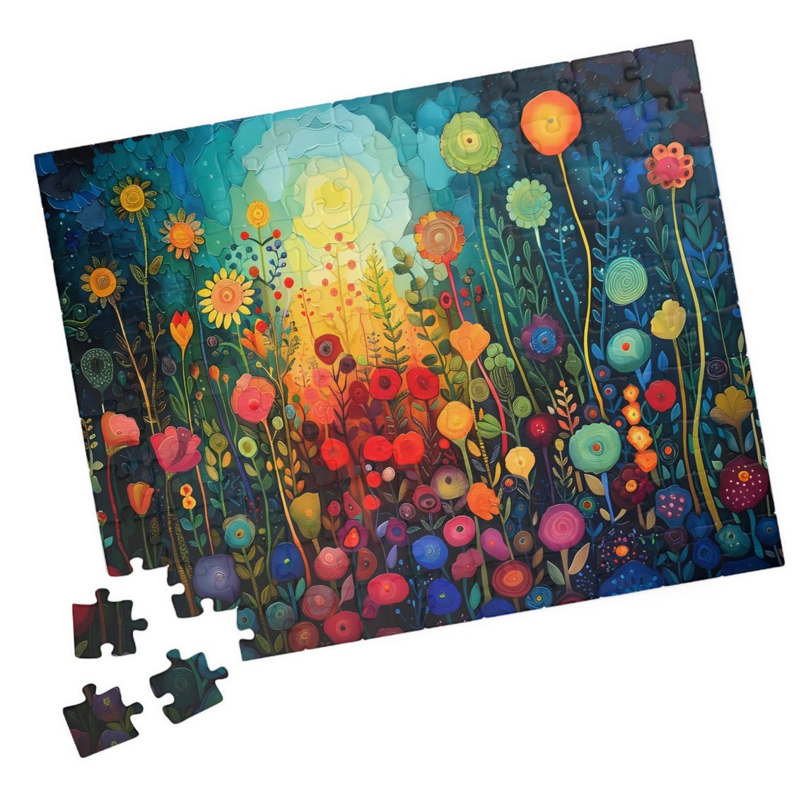 Whimsical Rainbow Wildflower Garden Under Moonlight Art Poster