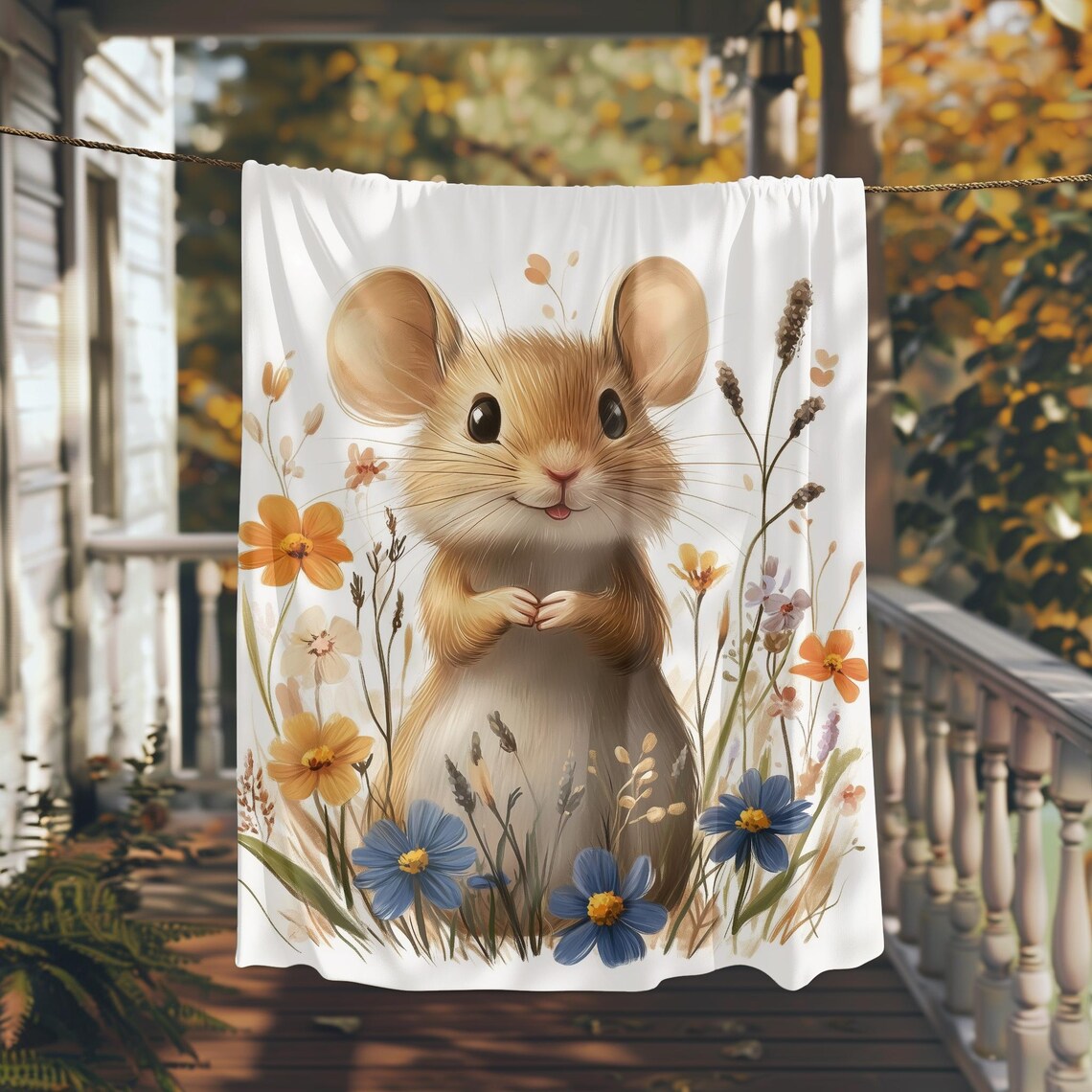 Cute Smiling Field Mouse Among Wildflowers Watercolor Poster