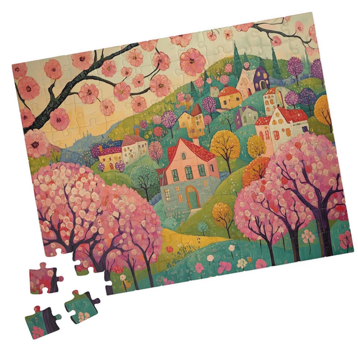 Spring Folk Art Village Art Print, Holiday Theme