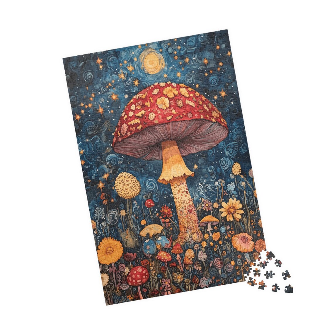 Mystical Moonlit Mushroom with Floral Cap Starry Night Art Poster - Image 4