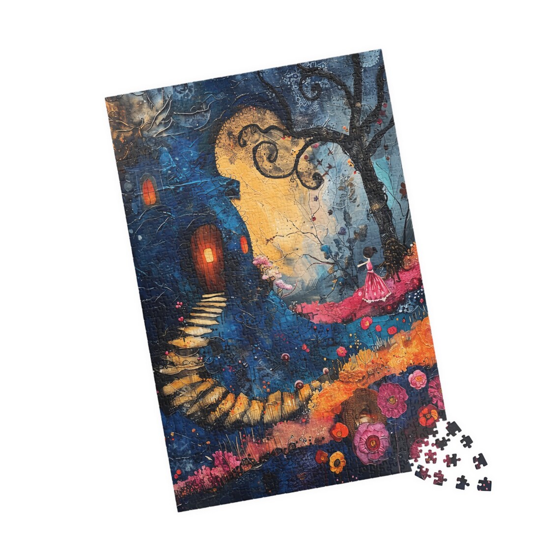 Moonlit Tree Cottage With Little Girl Pink Dress Night Fantasy Poster - Image 4