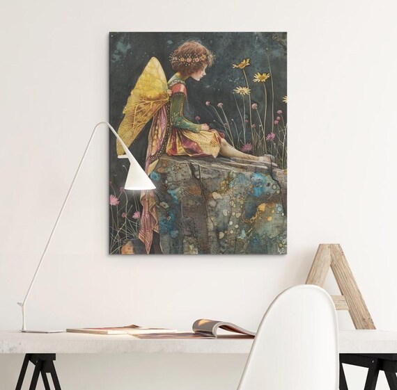Golden Winged Fairy Sitting on a Rock at Twilight Watercolor Poster