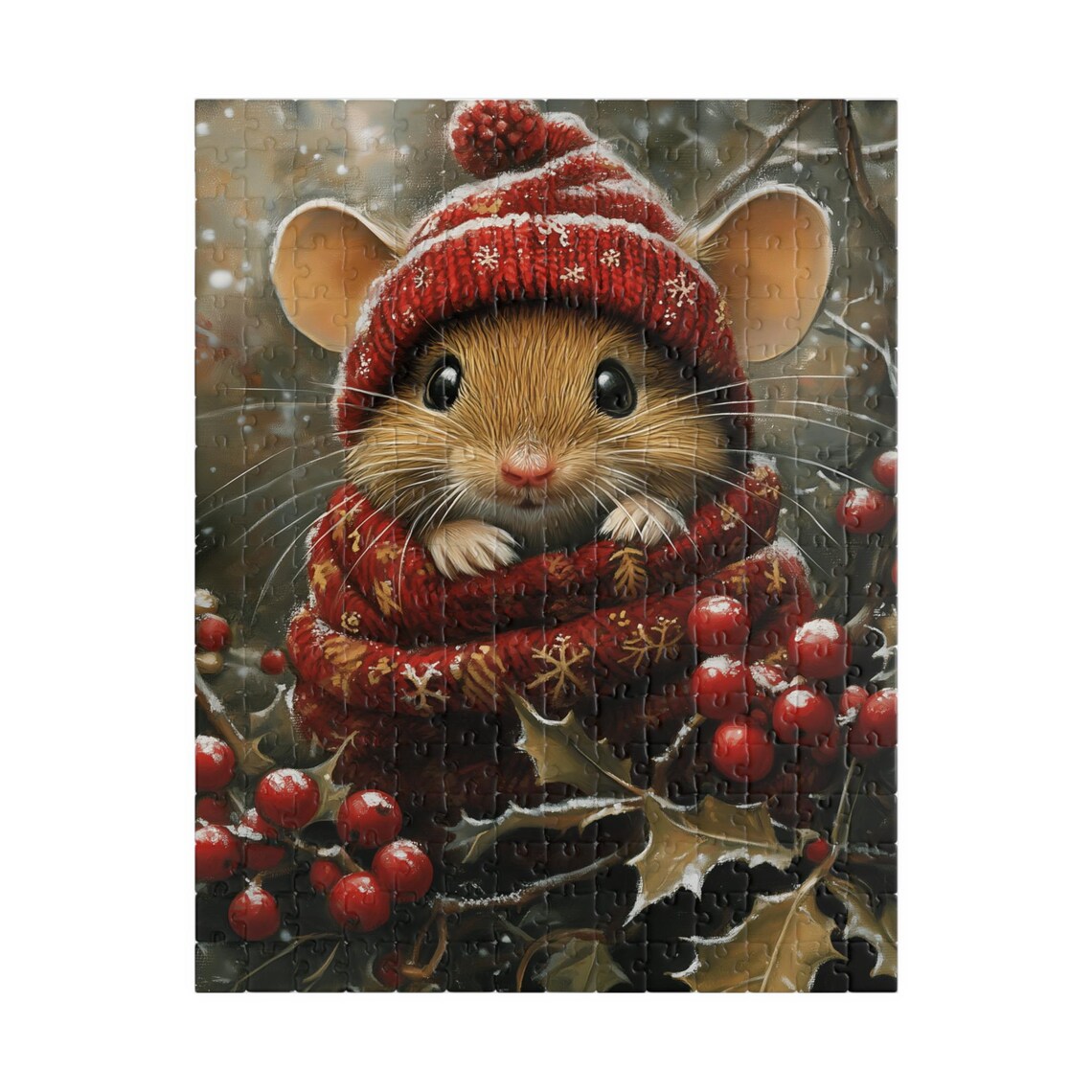 Mouse in Red Knit Hat and Scarf Among Holly Berries Winter Art Poster - Image 5