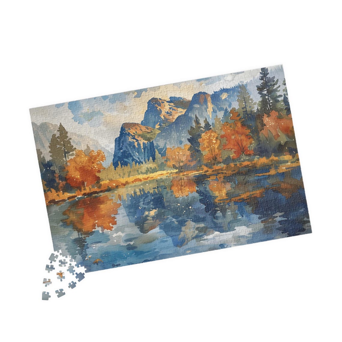 Autumn Mountain Lake Watercolor with Granite Cliffs Reflection Poster - Image 4