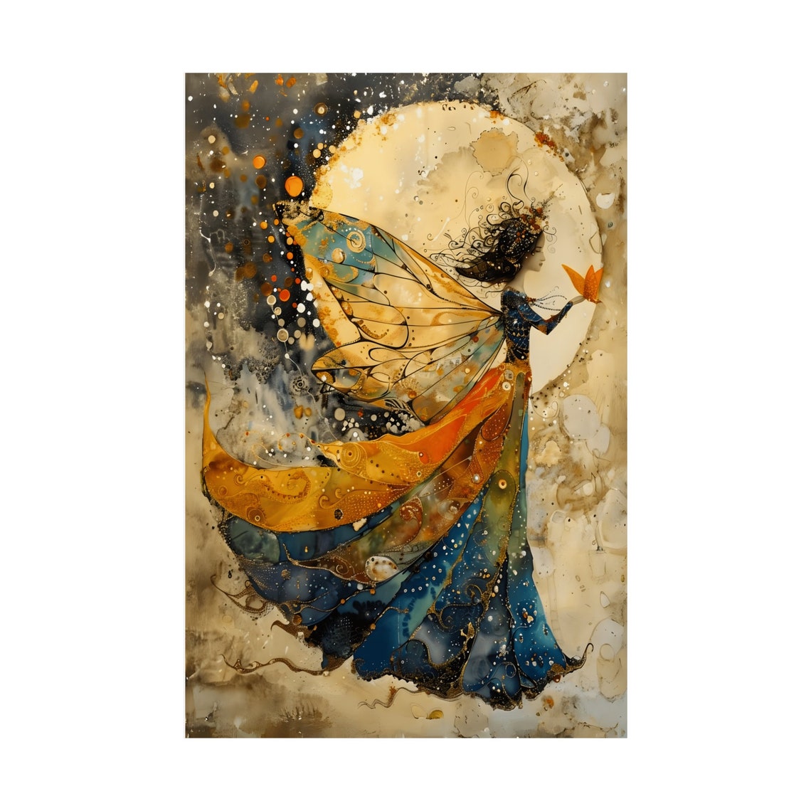 Fairy Dancing with a Crescent Moon Starry Night Watercolor Poster - Image 3