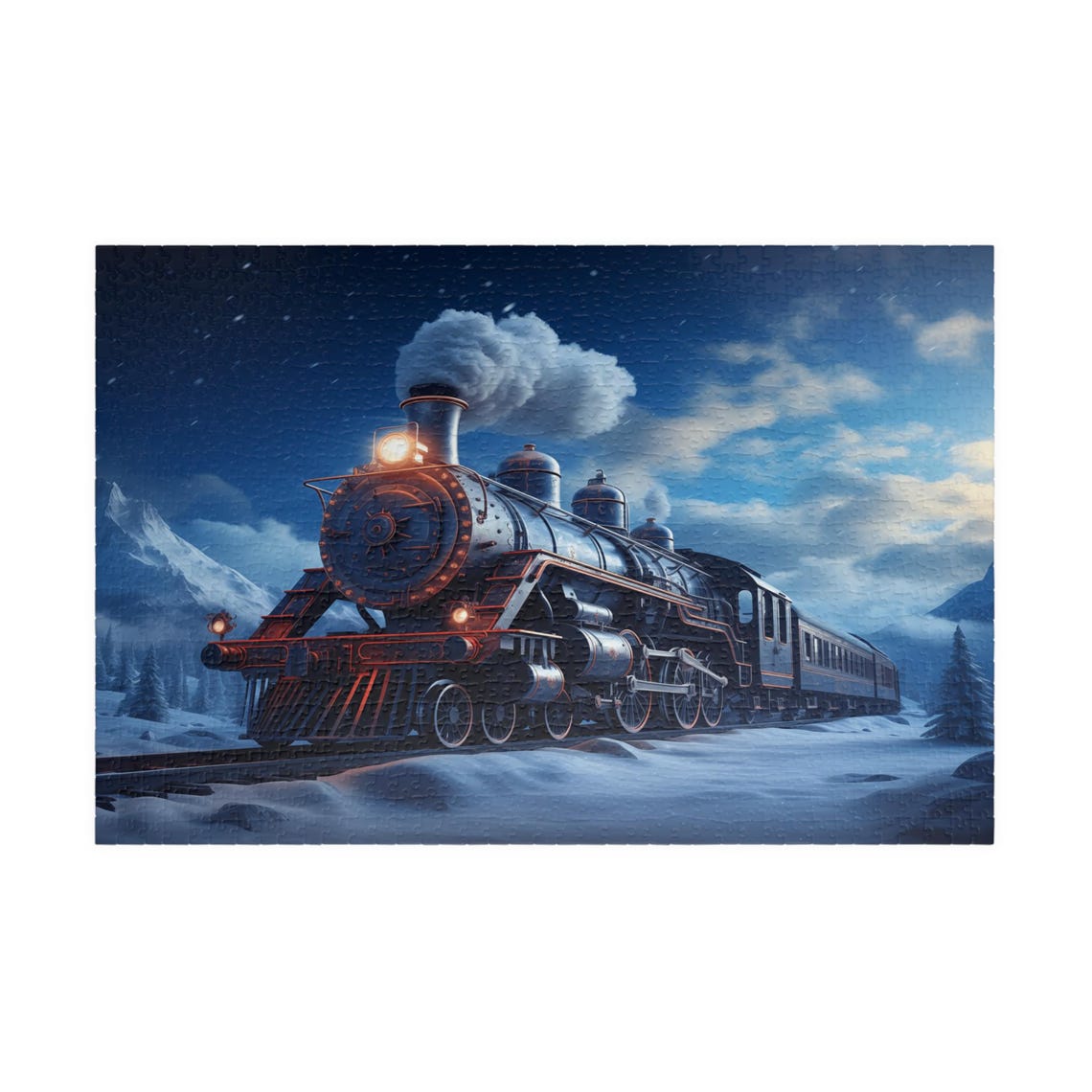 Steam Train Gliding Through Snow Under Bright Moonlight Poster - Image 3