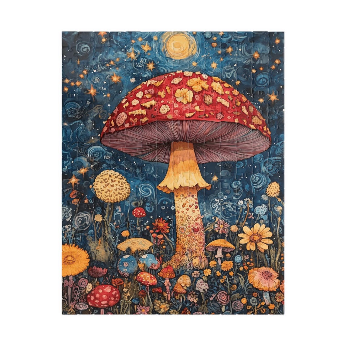 Mystical Moonlit Mushroom with Floral Cap Starry Night Art Poster - Image 5