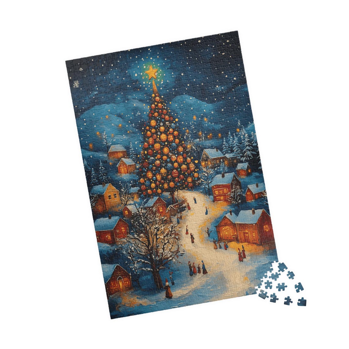 Christmas Village Night Giant Lit Tree Carolers Snowy Poster - Image 4