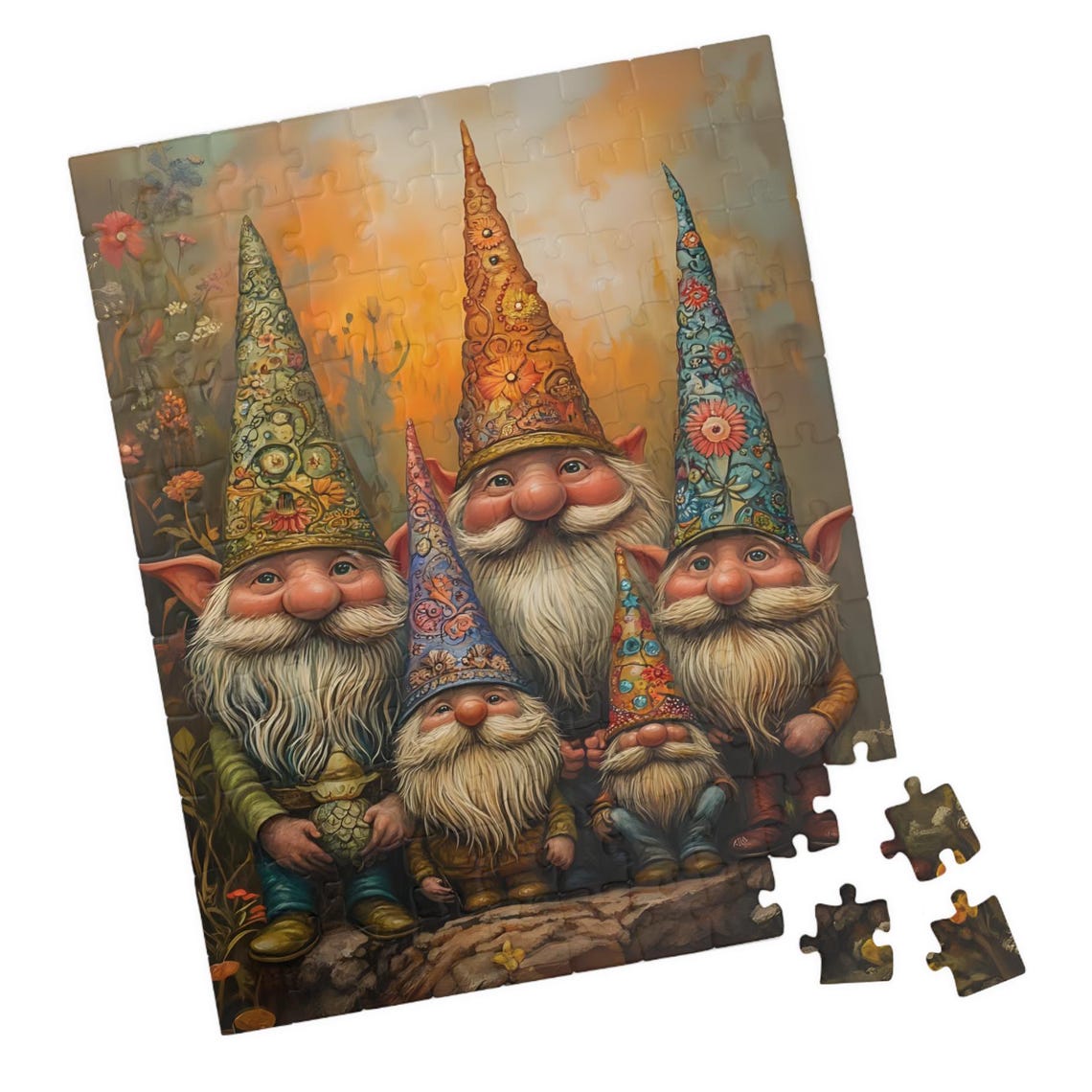 Five Happy Gnomes Colorful Floral Hats Warm Sunset Meadow Poster