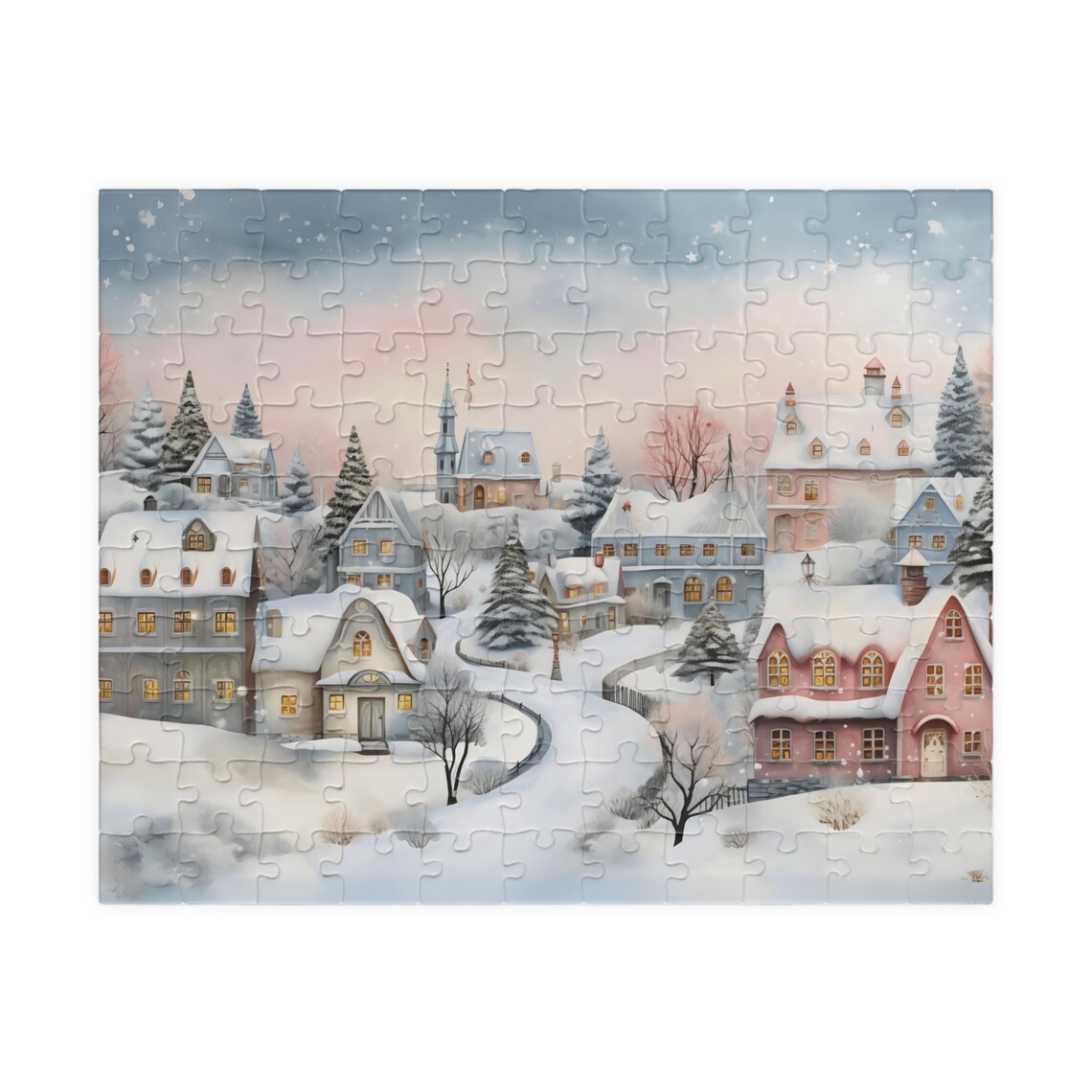 Snowy European Village Pastel Houses Church Winter Art Poster - Image 2