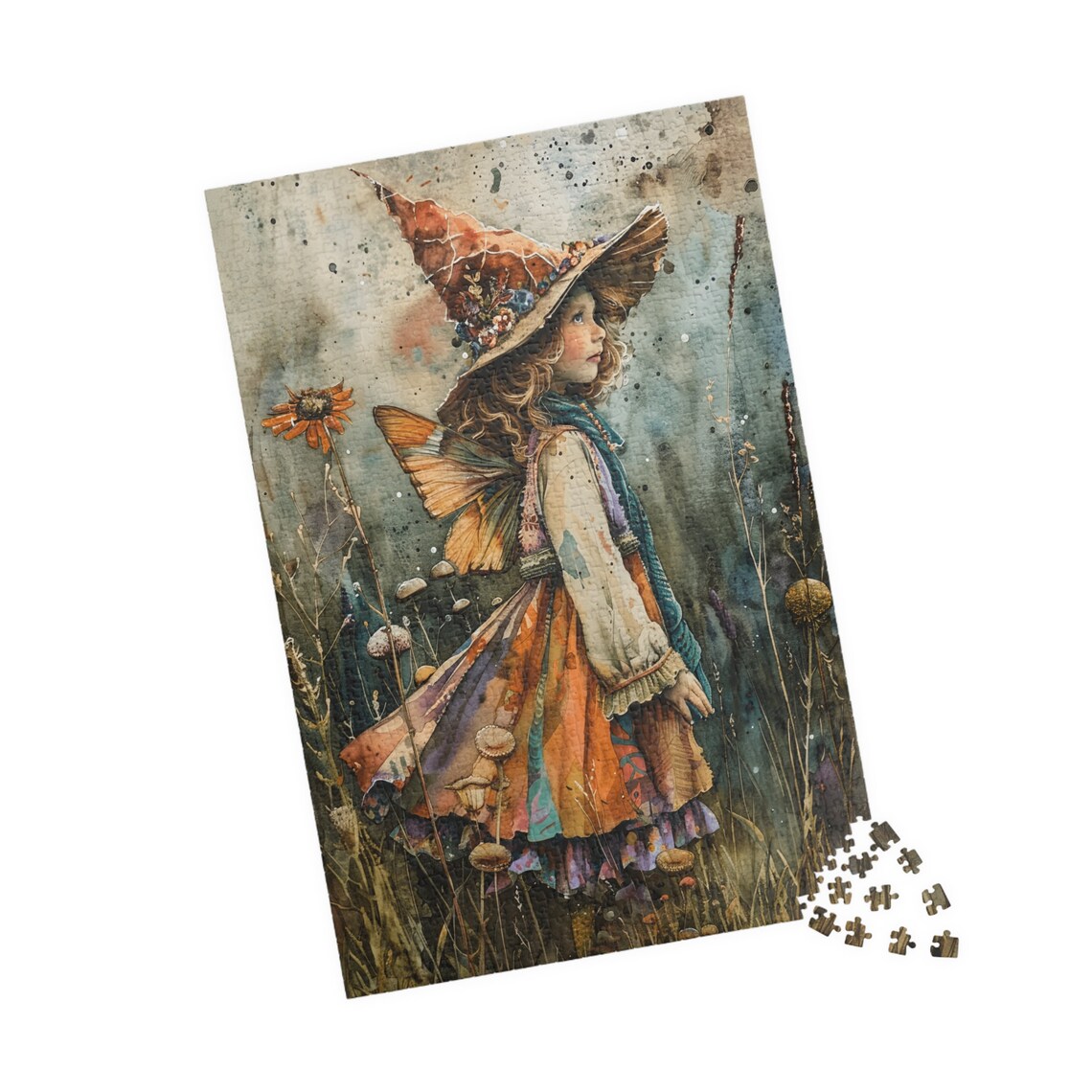 Watercolor Fairy Girl with a Witch Hat in a Wildflower Field Print - Image 4