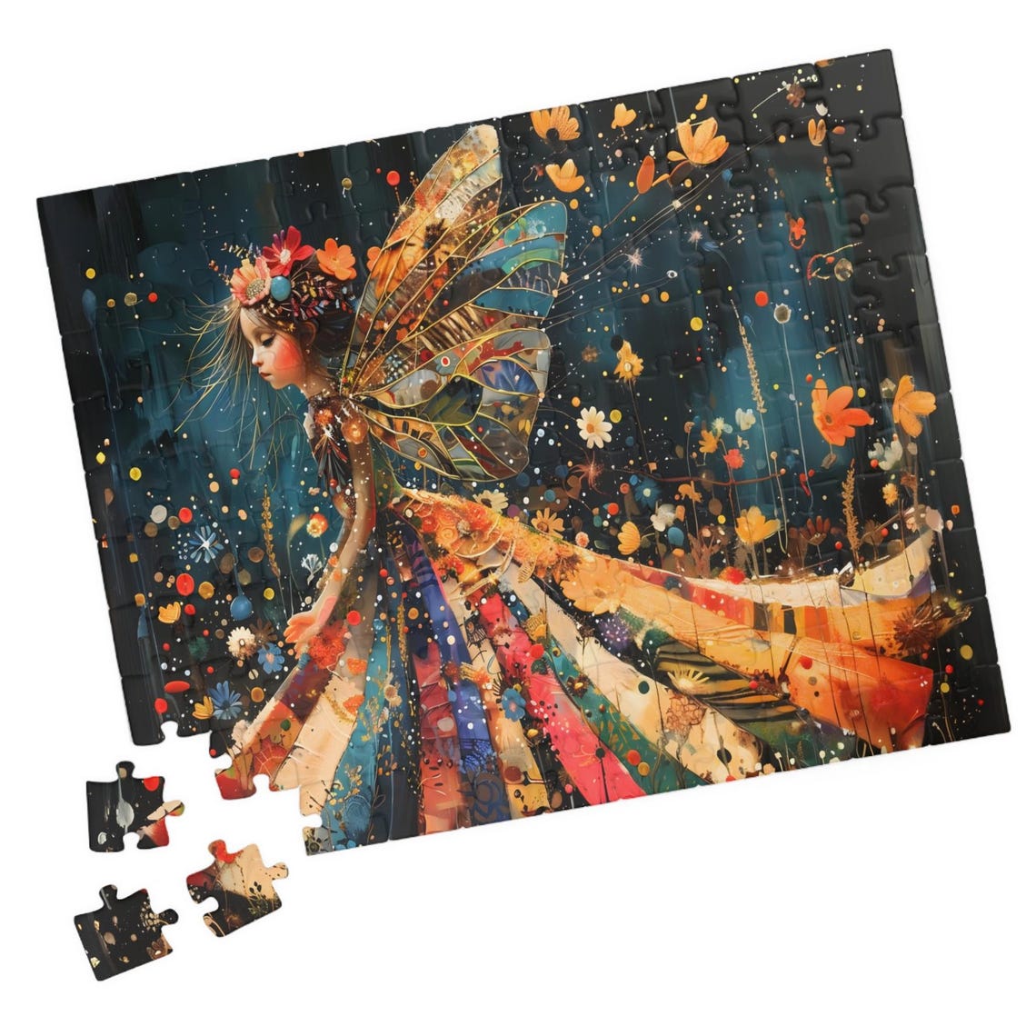 Boho Patchwork Fairy with Butterfly Wings Night Sky Magic Poster