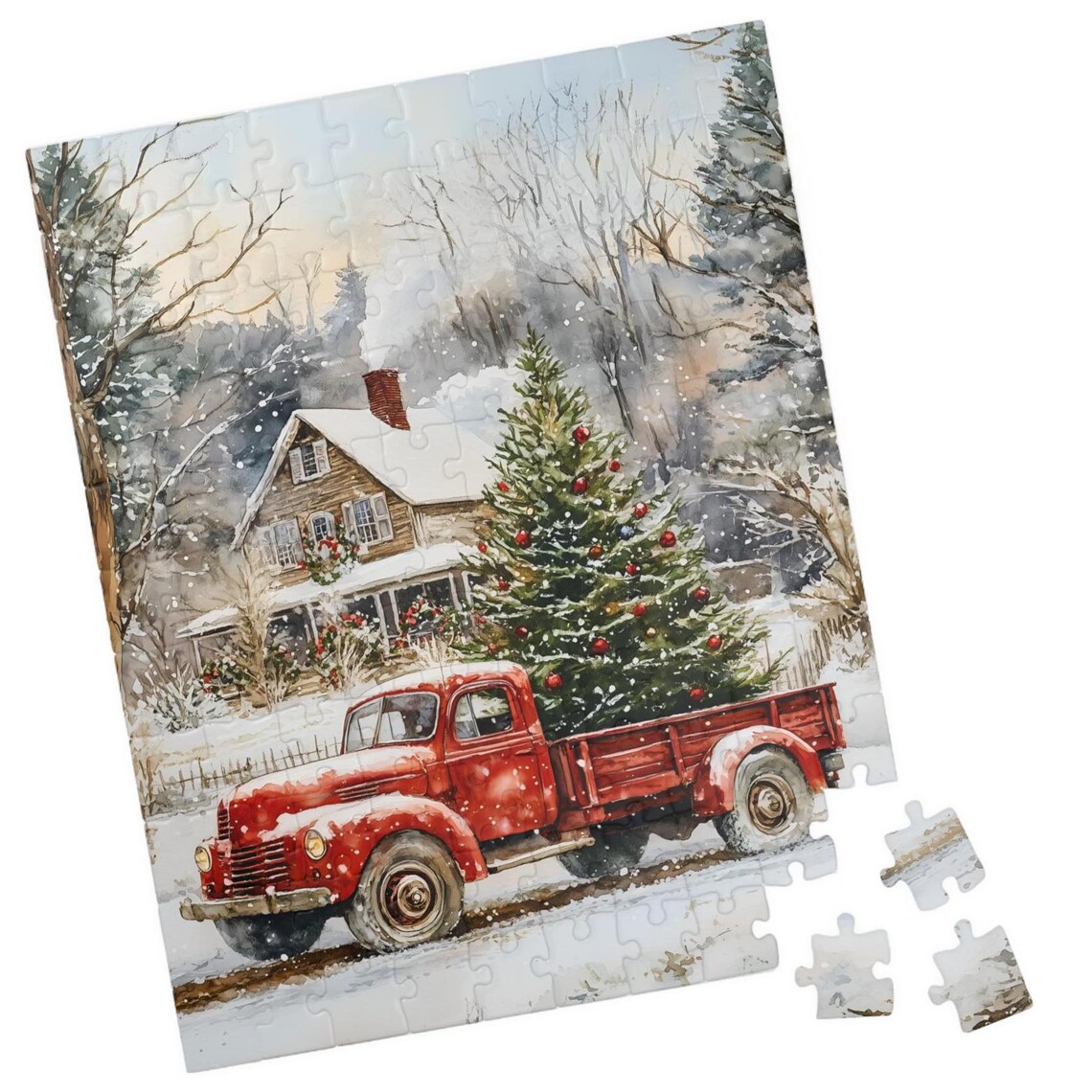 Vintage Red Truck Carrying Christmas Tree Past Farmhouse Snow Poster
