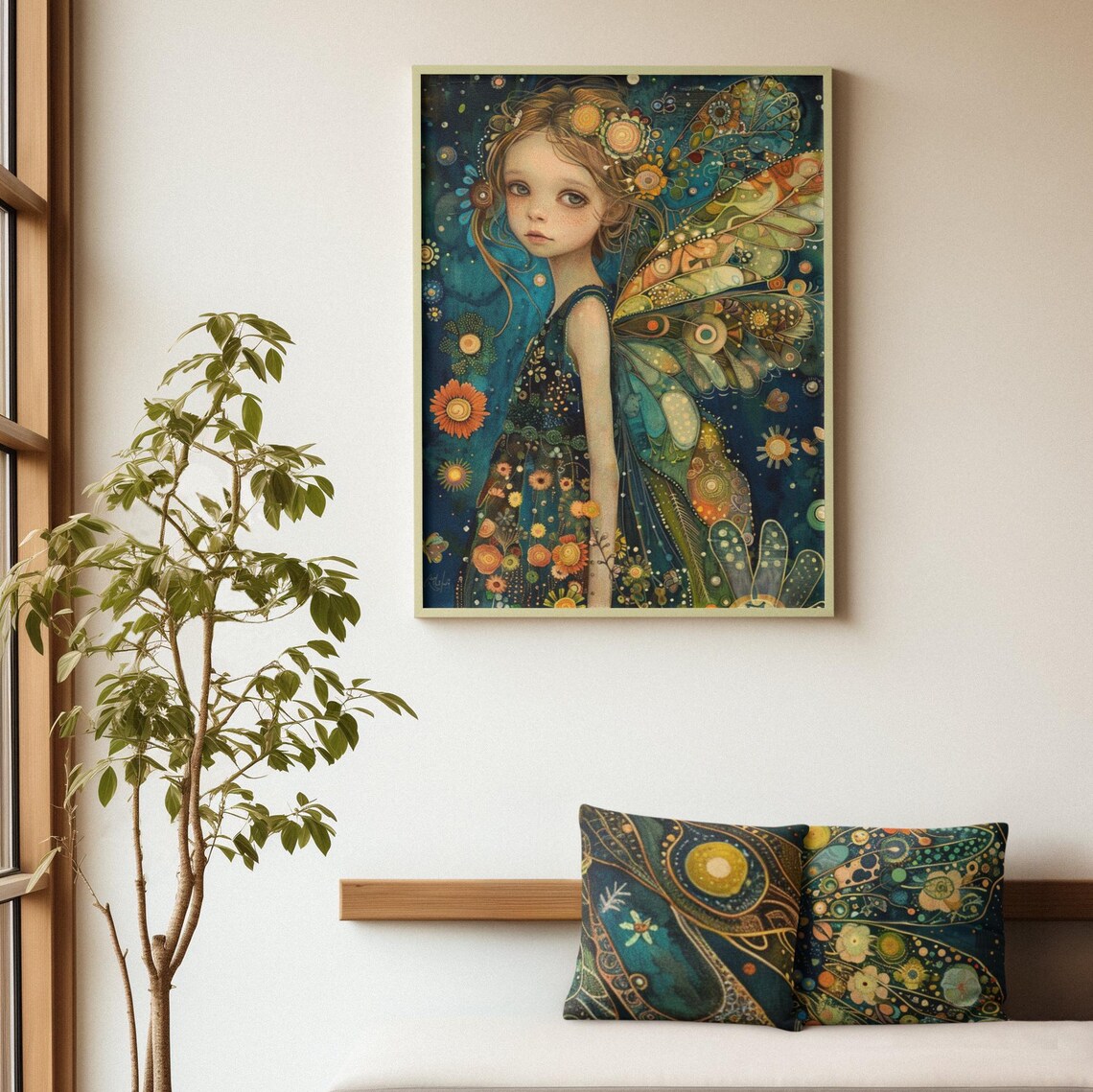 Sweet Fairy Girl With Patterned Butterfly Wings In Teal Floral Art Poster - Image 2