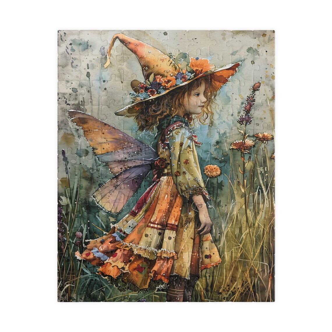 Field Fairy Girl in Flower Witch Hat Standing in Tall Grass Poster - Image 2
