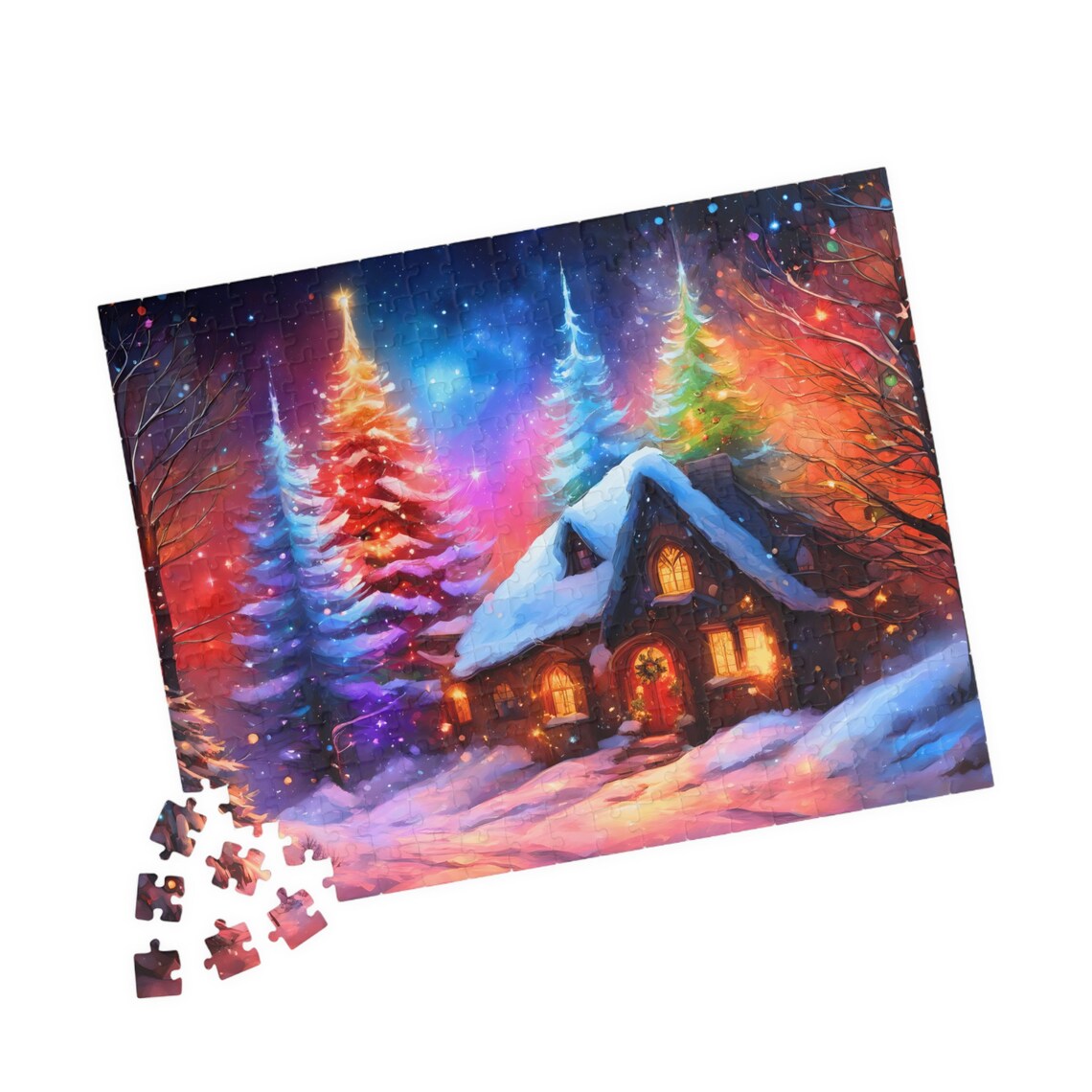 Holiday Magic Cabin Snowy Night Glowing Christmas Trees Poster - Image 4