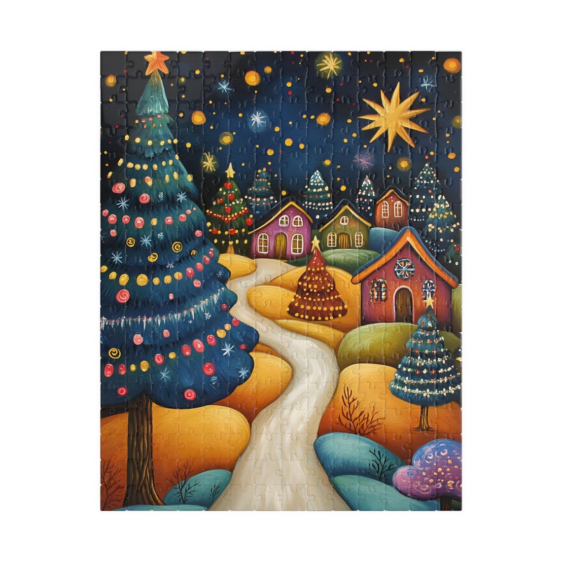 Folk Art Christmas Village With Giant Tree and Starry Night Sky Poster - Image 5