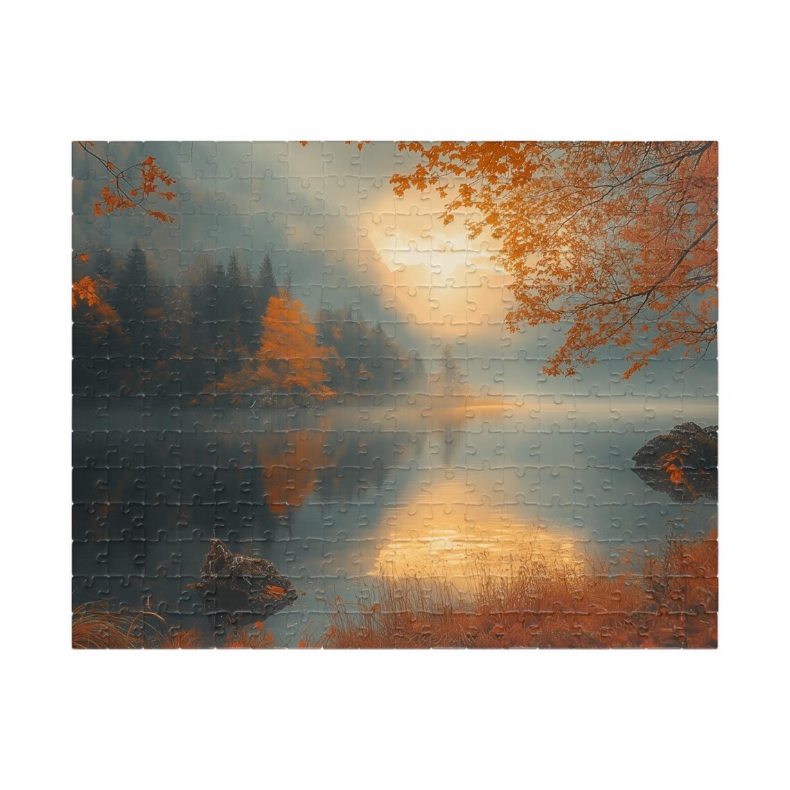 Autumn Lake at Sunset Misty Golden Reflections Landscape Art Poster - Image 3
