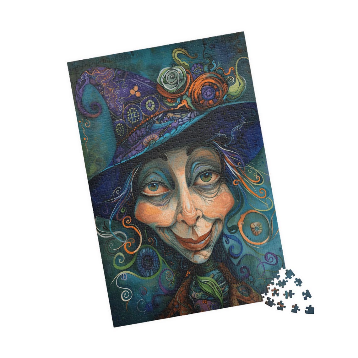 Teal Witch With Floral Purple Hat Fantasy Jigsaw Puzzle Print - Image 4