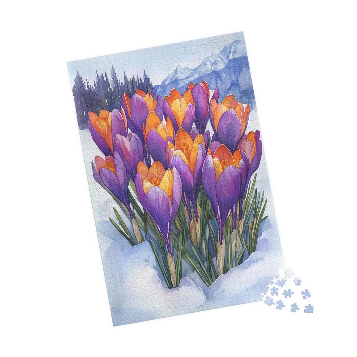 Purple Crocus Flowers In Snow Mountain Scene Jigsaw Puzzle Print - Image 4