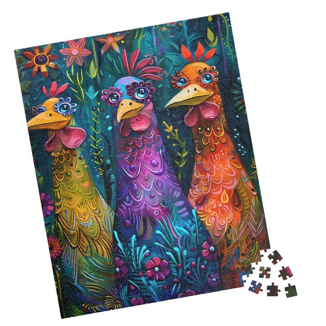 Three Fancy Whimsical Chickens With Jewel Tone Feathers Fun Art Poster