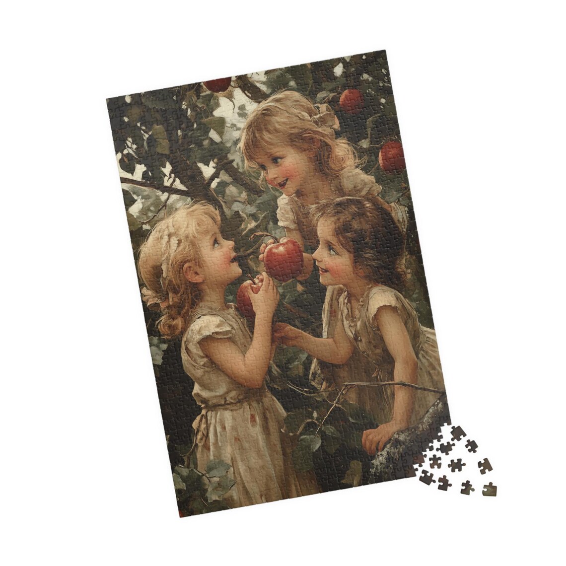 Three Children Picking Apples in Vintage Orchard Retro Art Poster - Image 4