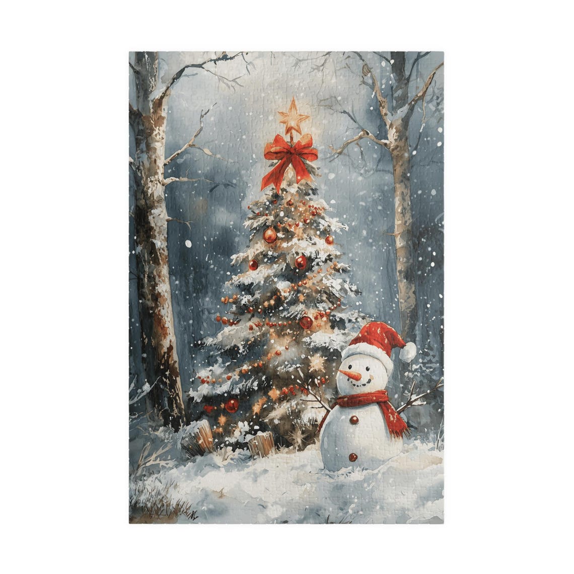 Snowman By A Christmas Tree With Star And Red Bows Winter Poster - Image 3