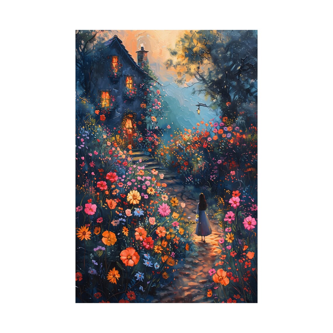 Girl Walking to Cottage Glowing Windows Wildflower Dusk Art Poster - Image 3